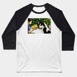 Boy and His Dog Opening Christmas Presents - Greeting Card Baseball T-Shirt
